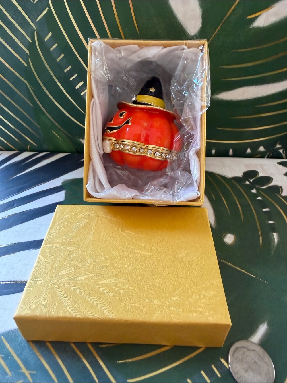 Halloween Jack O Lantern Pumpkin Witch Hat Enamel Trinket Box NIB - Picture 2 of 6